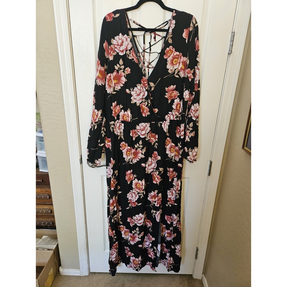 Forever 21 Boho Maxi Dress Floral Lace-Up Detail Long Sleeve Elastic Waist, 3X